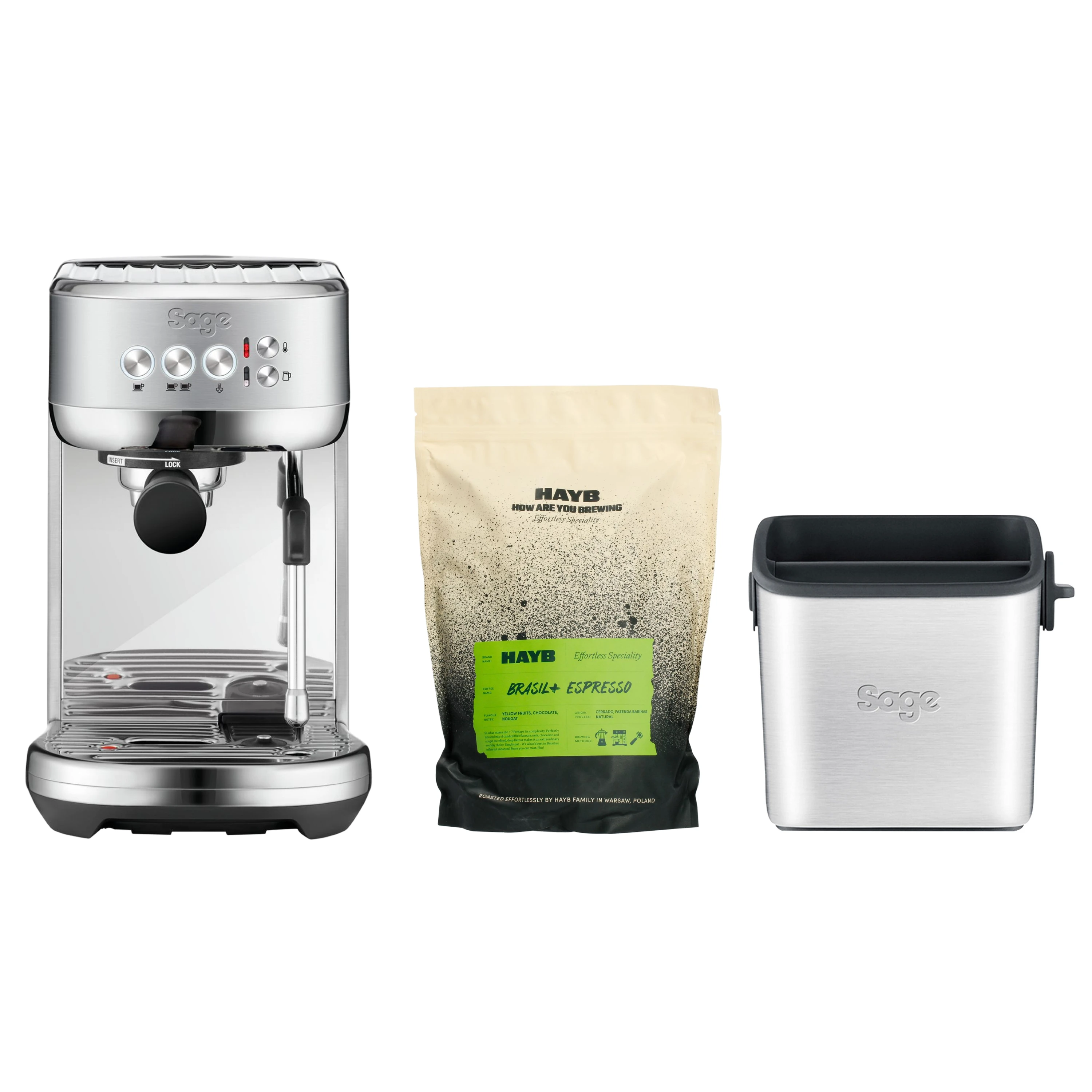 Zestaw ekspres Sage - Bambino Plus Srebrny + mini odbijak Knock Box + kawa HAYB Brasil+ 1kg