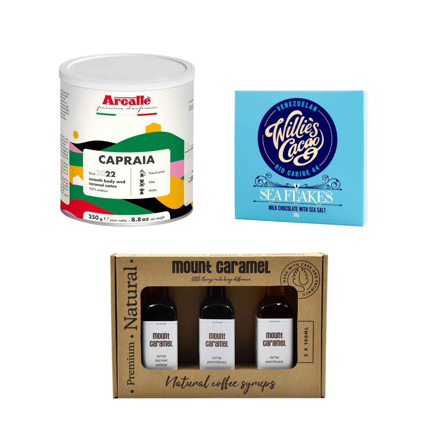 Zestaw Arcaffe kawa 250g + zestaw syropów 3 x 100ml  + Willie's Cacao 50g