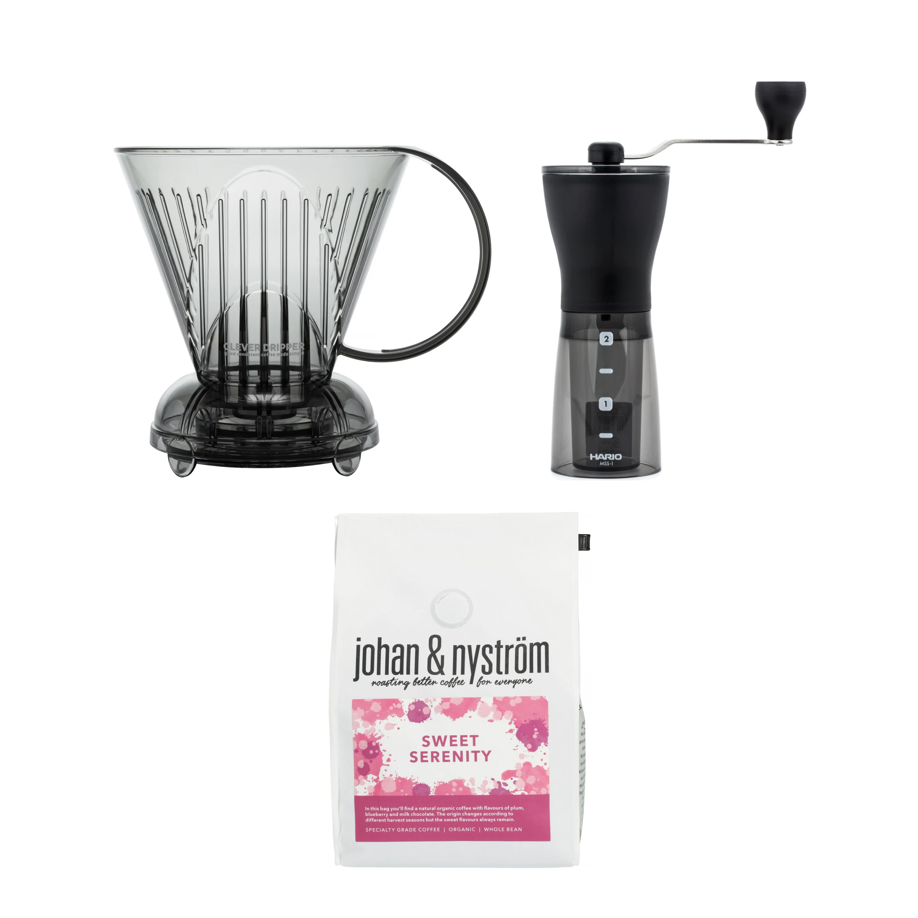 Zestaw zaparzacz Clever + Młynek Hario + kawa J&N Sweet Serenity 