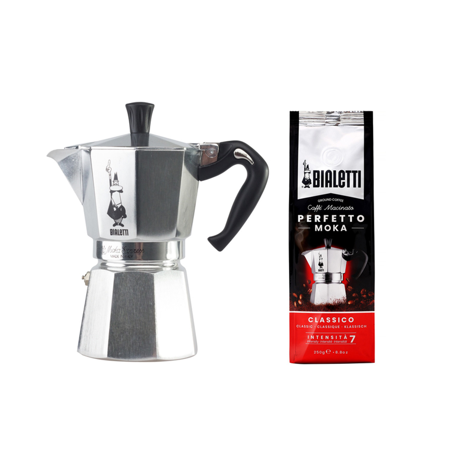 Bialetti Zestaw Moka Express 6tz + kawa Perfetto Moka Classico 250g