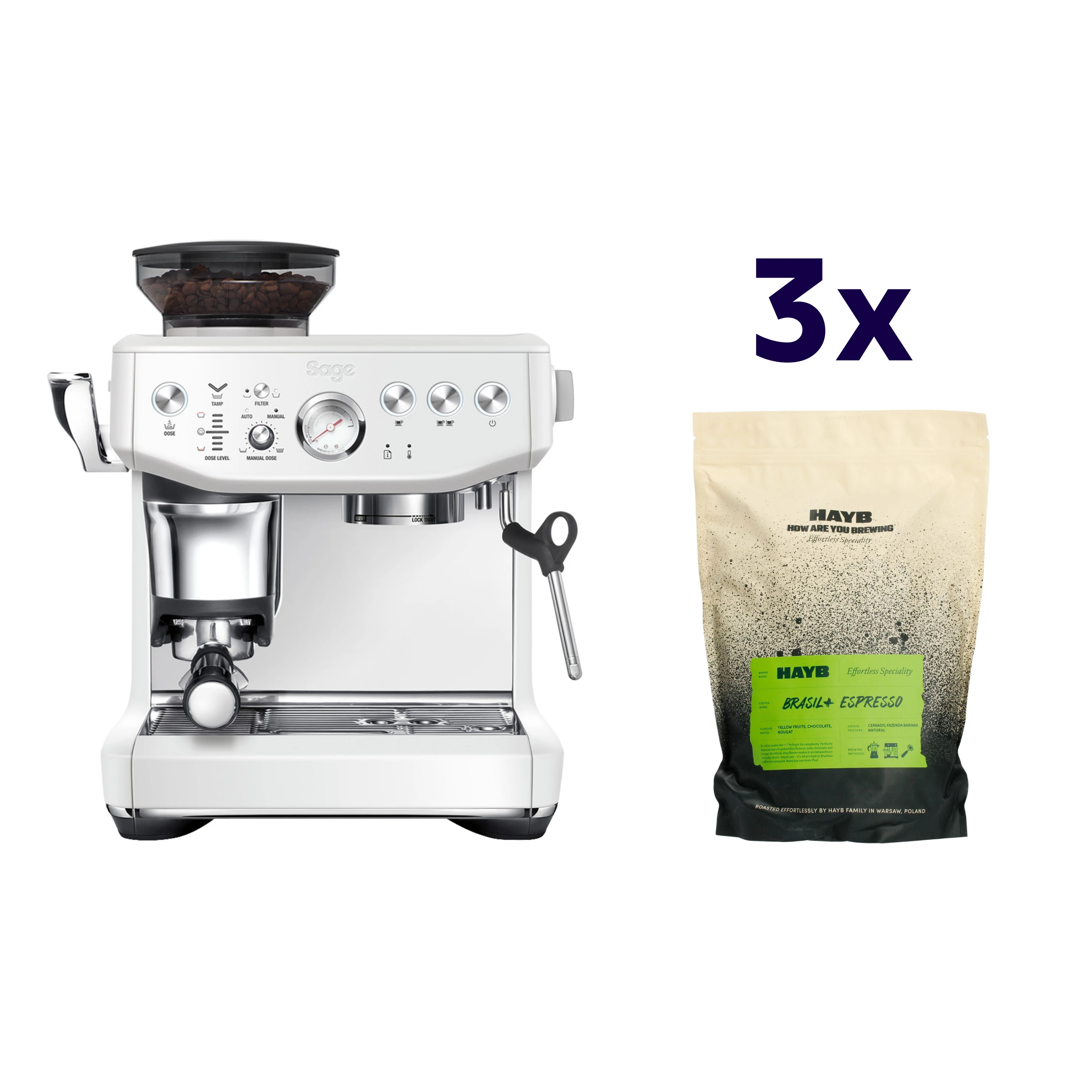 Zestaw ekspres Sage - The Barista Express Impress Biały + 3x kawa HAYB Brasil+ 1kg