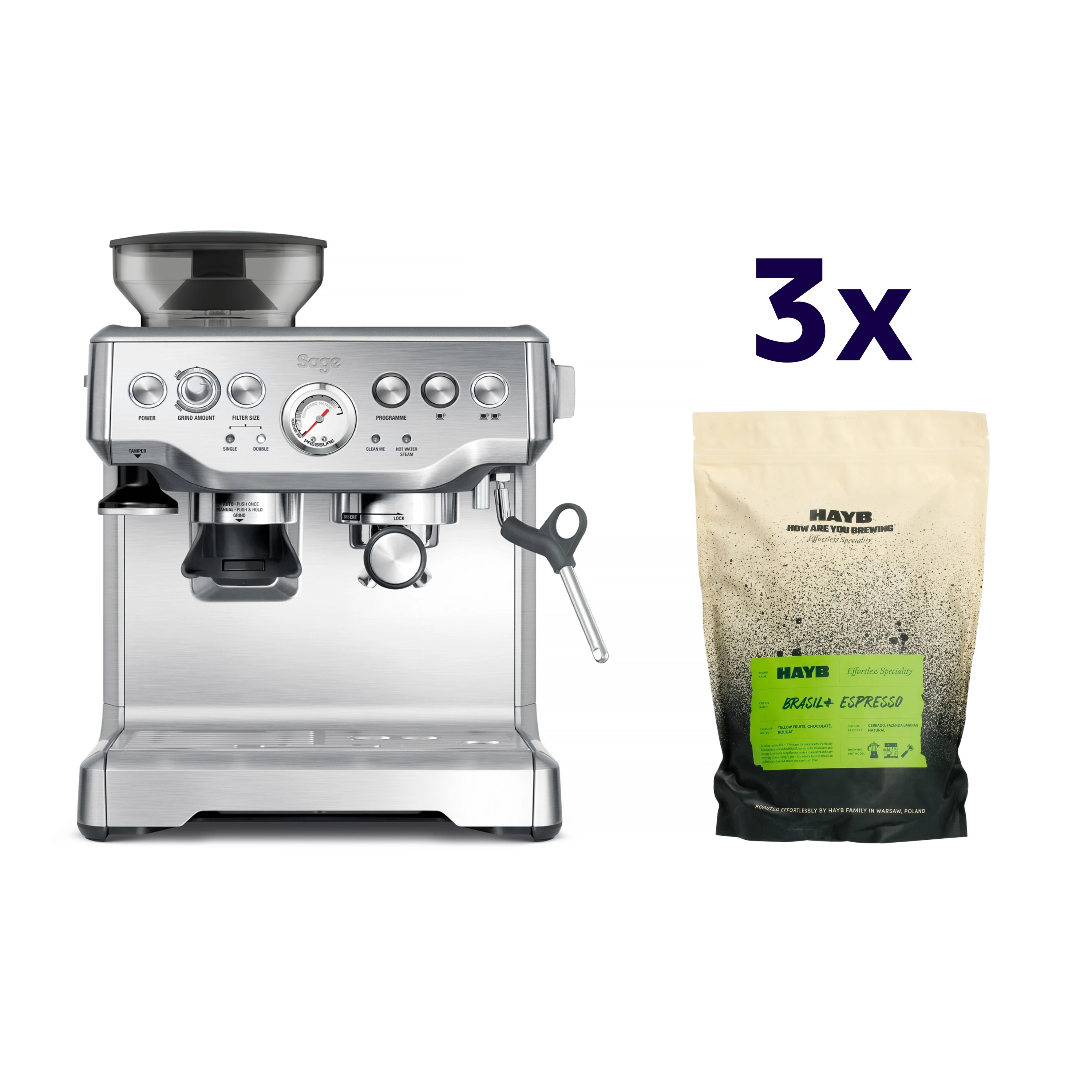 Zestaw ekspres Sage - The Barista Express Srebrny + 3x kawa HAYB Brasil+ 1kg
